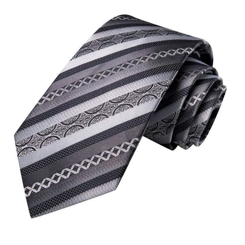 Hi-Tie Silk Ties for Men Plaid Paisley Striped Necktie Pocket Square Cufflinks Set Formal Business,Gray Silver - Image 4